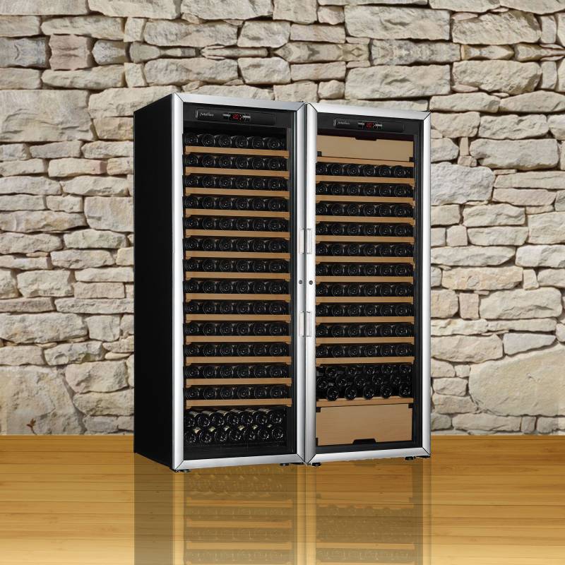 ArteVino Armoire à vin Double de mise en température et de vieillissement - 335 bouteilles - Clayettes toutes coulissantes - Porte vitrée
